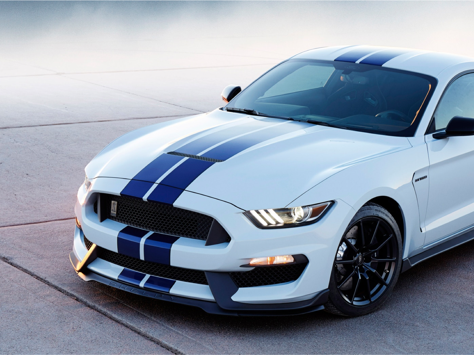 white shelby mustang with blue racing stripes